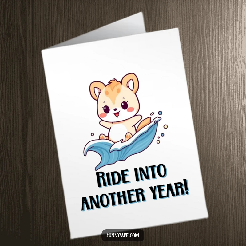 Funny free printable birthday card shows a playful animal surfing a swooshing wave made of digital code, a thrilling DIY.