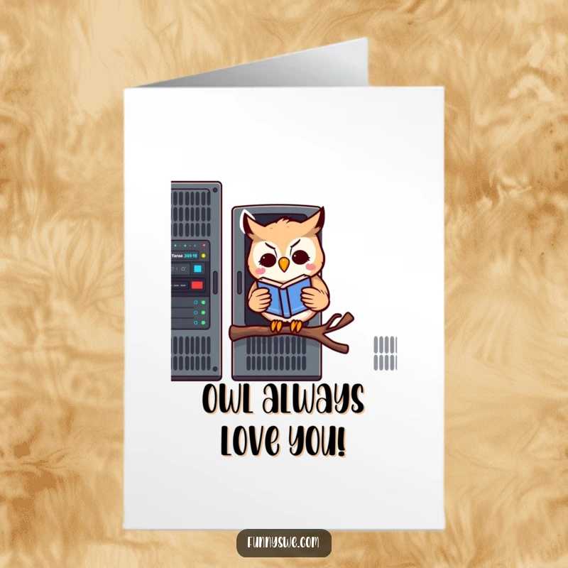 Funny free printable birthday card: a kawaii owl reading on a server rack, embodying wisdom and tech.
