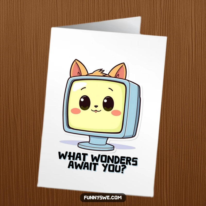Funny free printable birthday card featuring a wide-eyed animal curiously examining a glowing computer monitor, a delightful DIY.