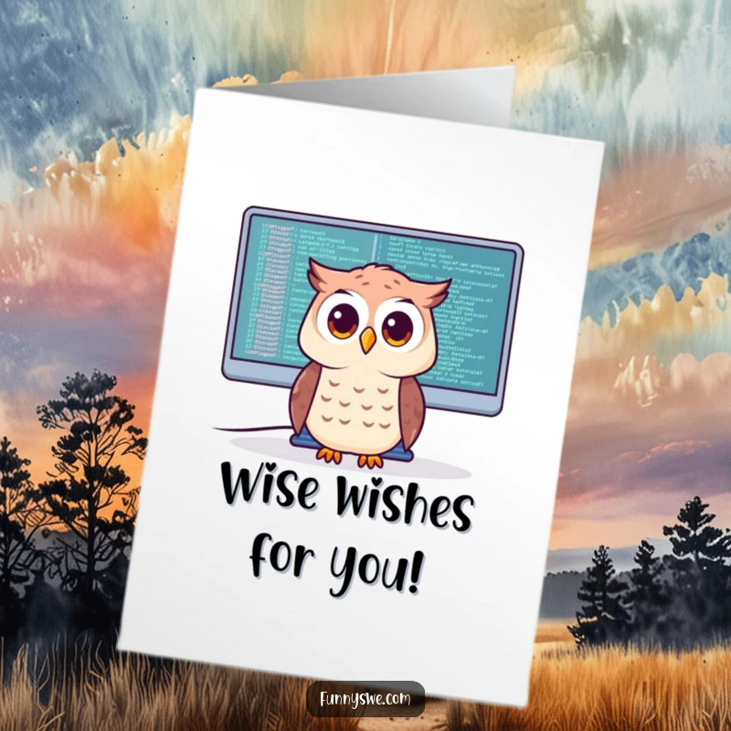 Funny Free Printable Birthday Card: A curious owl peering intently at lines of code on a huge computer monitor.