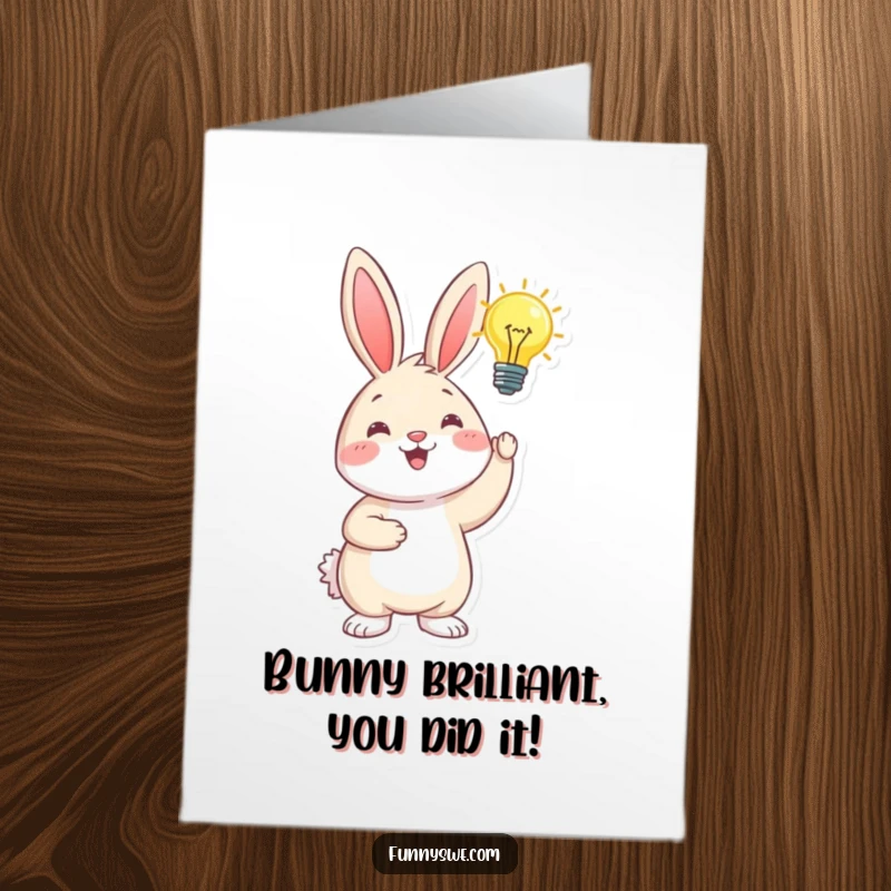 Funny Free Printable Congratulations Card: A happy bunny character looks inspired, holding a glowing lightbulb above its head.