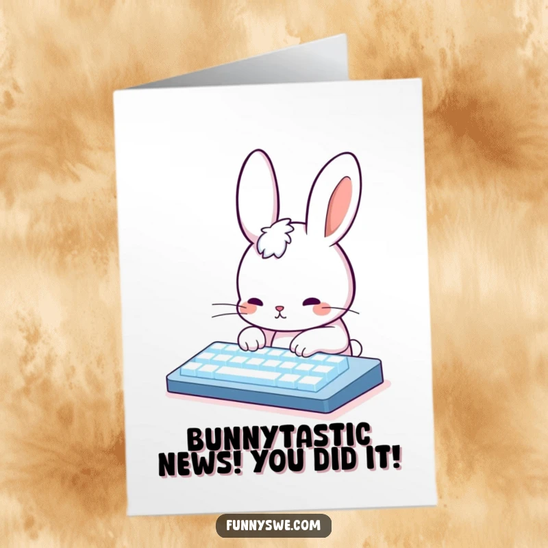 Funny Free Printable Congratulations Card: Cute rabbit coder typing furiously on a glowing keyboard celebrating success.