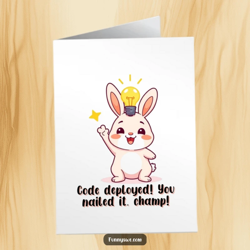 Funny Free Printable Bunny Programmer, lightbulb glowing, celebrating a successful code deployment, perfect for congrats.