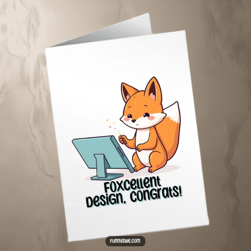 Funny Free Printable Congratulations Card: A Kawaii fox web designer conjures a website with a magic wand on a tablet.