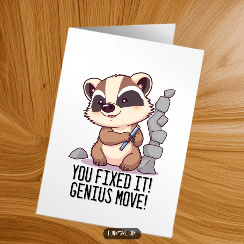 Funny free printable congratulations card: determined badger character fixing a broken code element with tools.