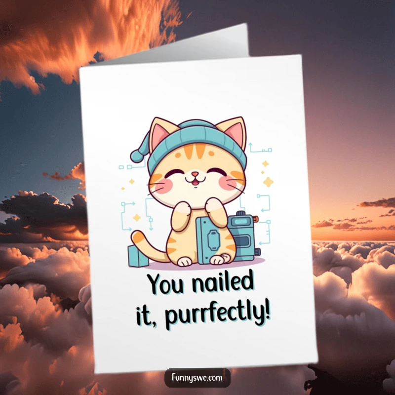 Funny free printable congratulations card: a giggling cat in a beanie constructing a digital project.