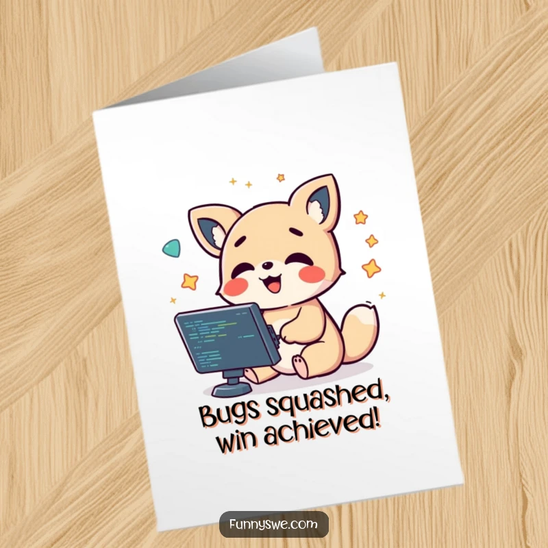 Funny Free Printable Congratulations Card featuring a kawaii animal character giggling while debugging code, surrounded by floating symbols, a successful fix.