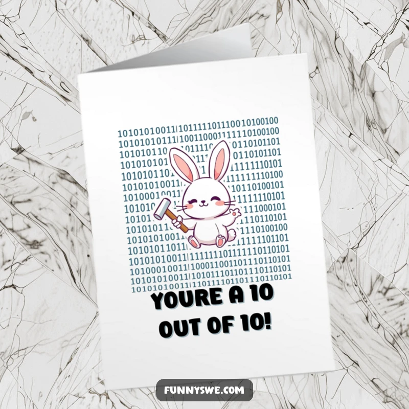 Funny Free Printable Congrats Card: A bunny tapping binary code with a hammer, celebrating a successful code execution.