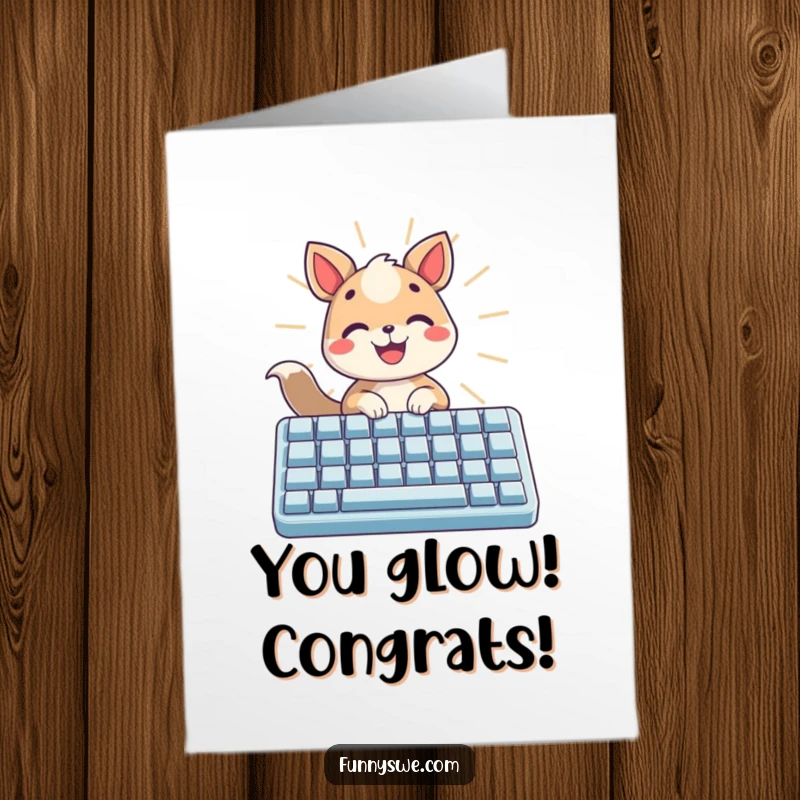 Funny free printable congratulations card featuring a joyous animal typing on a light-emitting keyboard, a glowing DIY celebration.