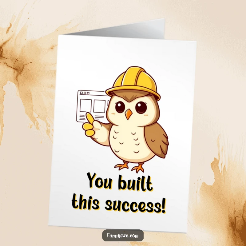 Funny Free Printable Congrats Card: Cheerful owl in hard hat pointing at wireframe, celebrating project completion.