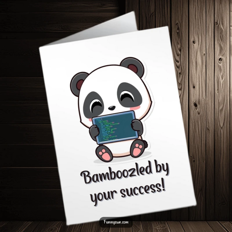 Funny Free Printable Congratulations Card: Playful panda character holding a tablet showing code, celebrating a success.