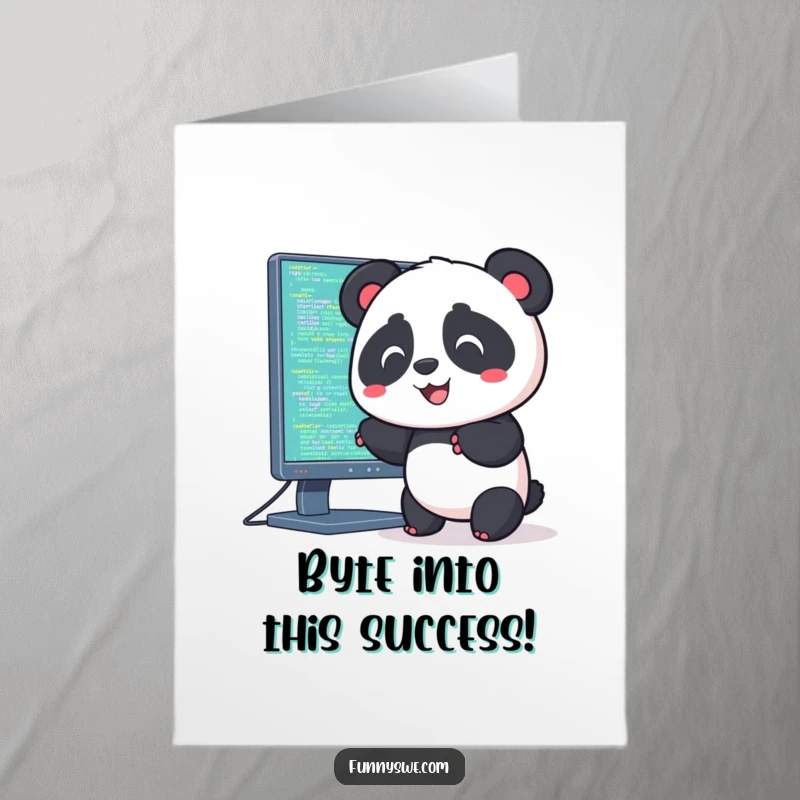 Free Printable Congratulations Card showing a Kawaii panda pushing code into a monitor, celebrating a successful tech milestone with a grin.