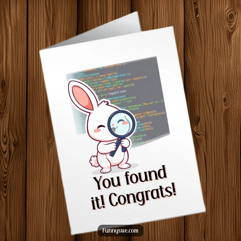 Funny Free Printable Congratulations Card: A happy rabbit peers intently through a magnifying glass at computer code, symbolizing problem-solving success.