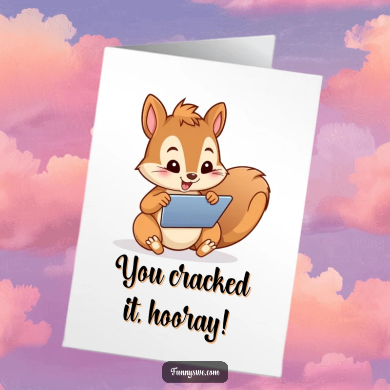 Funny Free Printable Congratulations Card: A playful squirrel focused on designing a website on a tablet, celebrating success.