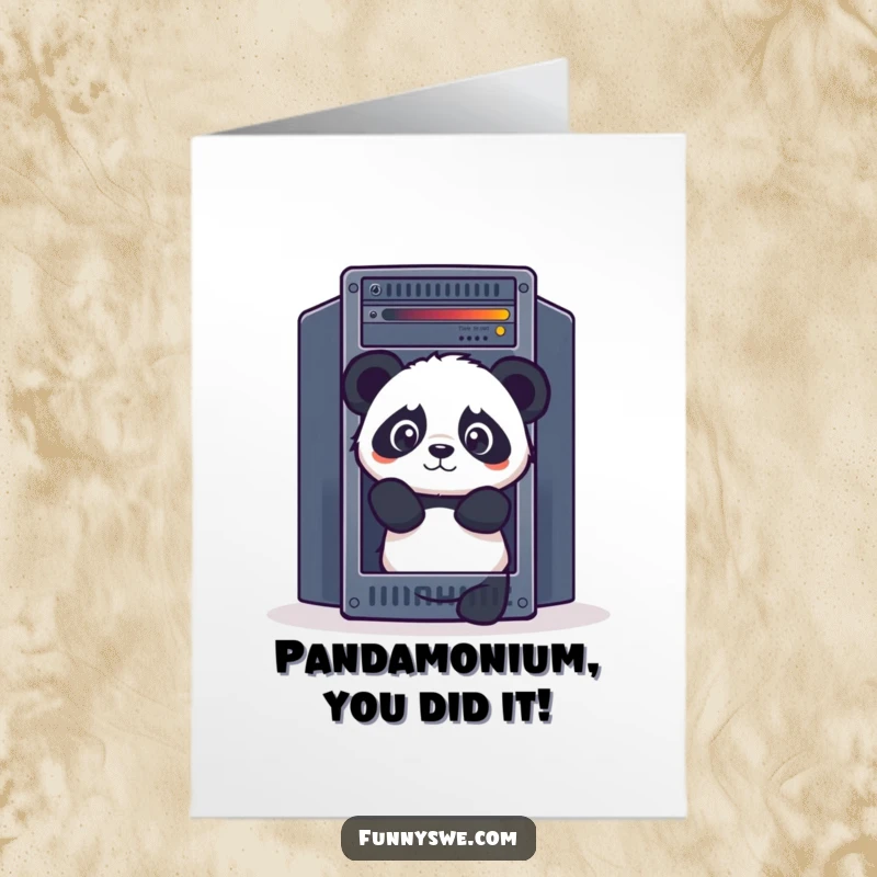 Funny Free Printable Panda Congrats Card: Curious panda peeking from server rack, sharing tech-themed congratulations humor.