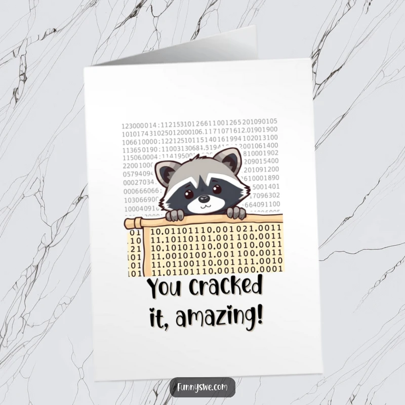 Funny free printable congratulations card: a curious raccoon peeps over a scrolling code wall.