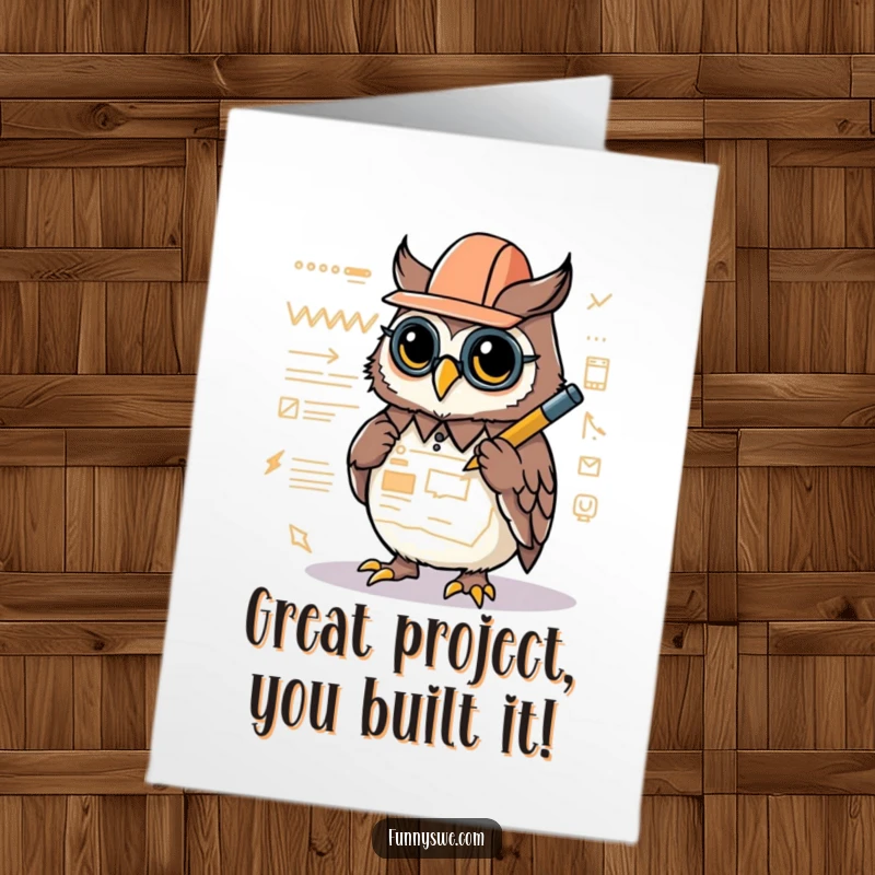 Free Printable Congratulations Card showing a Kawaii owl architect designing a website, marking a successful project launch with precision.
