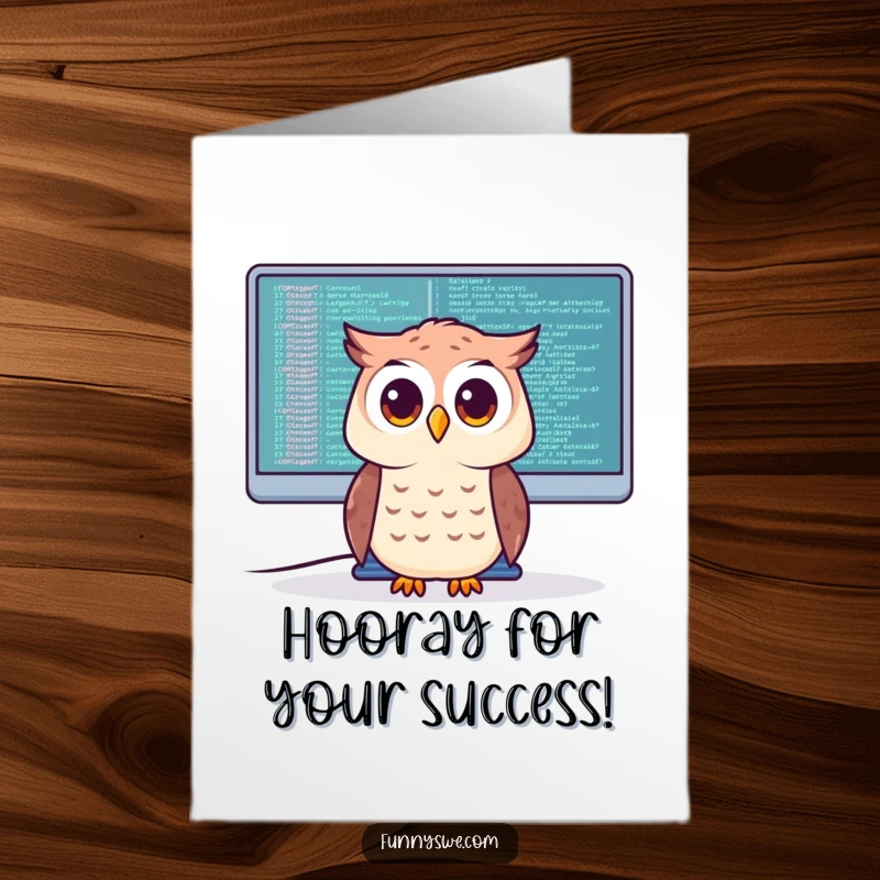 Funny Free Printable Congratulations Card: A wise owl character focused on complex code displayed on a massive monitor.