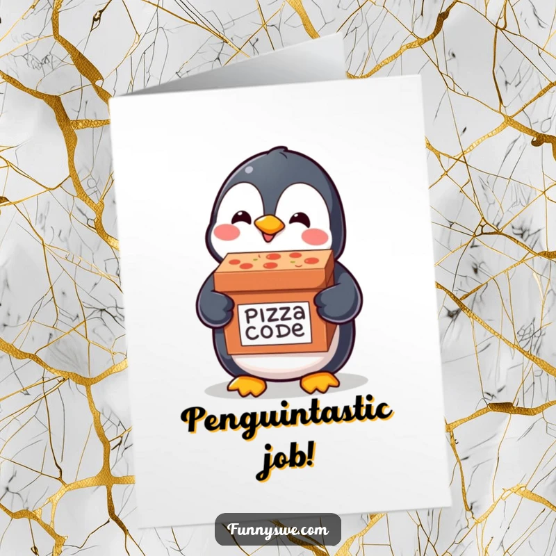 Funny free printable congratulations card: a happy penguin delivering 'Code Delivery' pizza, celebrating a successful project.