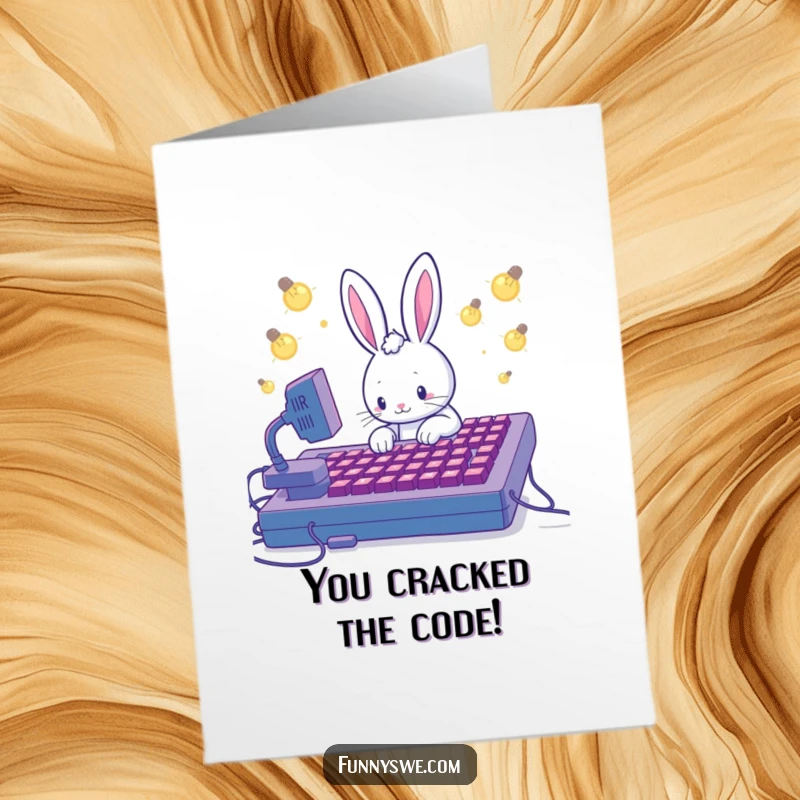 Funny Free Printable Congratulations Card: A Kawaii rabbit coder celebrates success, surrounded by flickering lightbulbs and a giant keyboard.