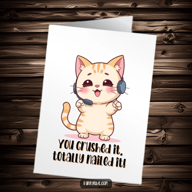 Funny Free Printable Cat Congratulations Card: A cat wearing a headset enthusiastically points at a screen, celebrating a win.