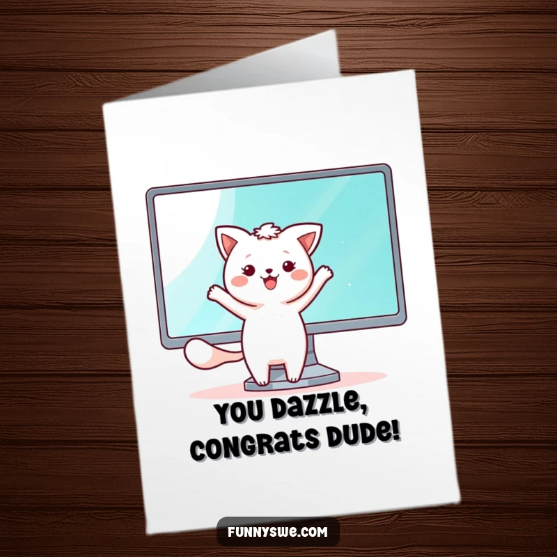 Funny Free Printable Kawaii Gamer Congratulations Card: A kawaii animal dancing happily beside a shining monitor, celebrating victory.