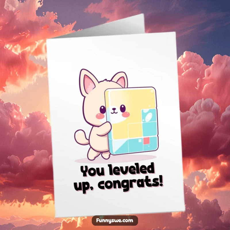 Funny Free Printable Congratulations Card featuring a kawaii animal character pushing a giant colorful pixel block, celebrating a digital win.