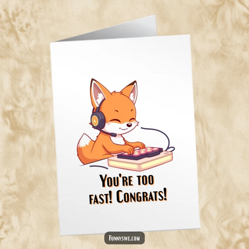 Funny Free Printable Congratulations Card: An adorable fox in a headset furiously types on a glowing keyboard, signifying a major accomplishment.