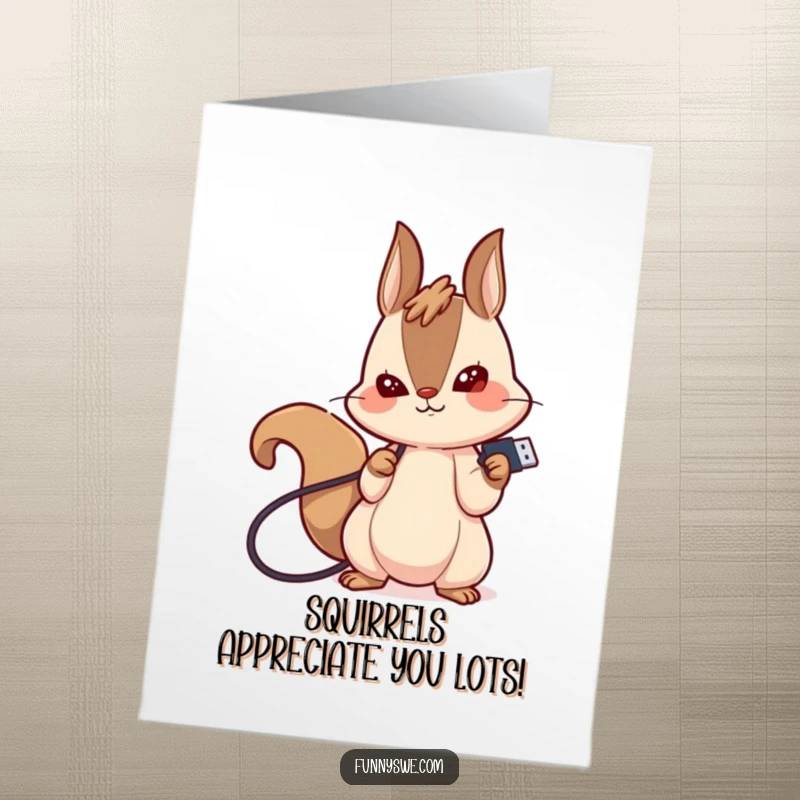 Funny free printable thank you card: a giggling squirrel determinedly plugging in a USB drive, a humorous expression of gratitude.
