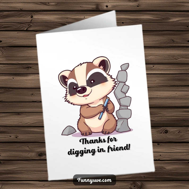 Funny free printable thank you card: determined badger character fixing a broken code element.
