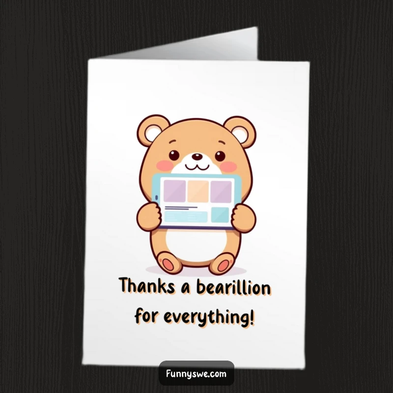Funny free printable thank you card: smiling bear gestures to a website design, expressing thanks.