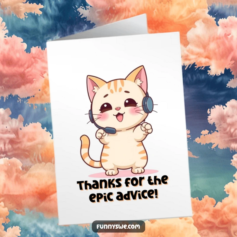 Funny Free Printable Cat Thank You Card: A cat in a headset points energetically at a screen, giving thanks.
