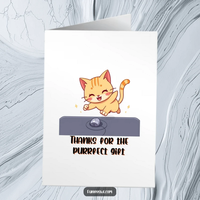 Funny Free Printable Thank You Card: An energetic cat is playfully chasing a computer mouse cursor across a screen.