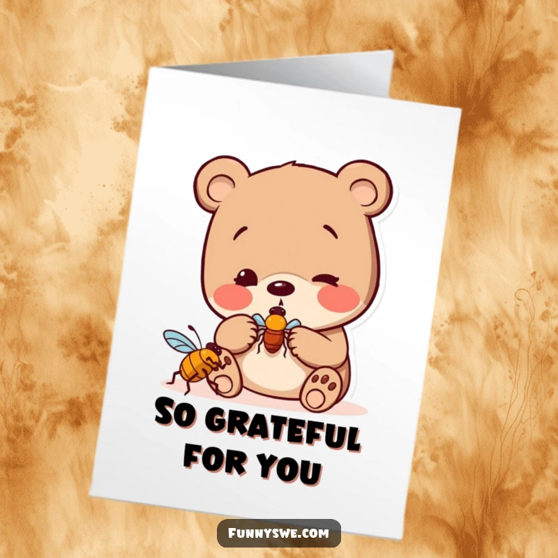 Funny Free Printable Thank You Card of a curious bear examining a bug icon, representing gratitude for assistance.