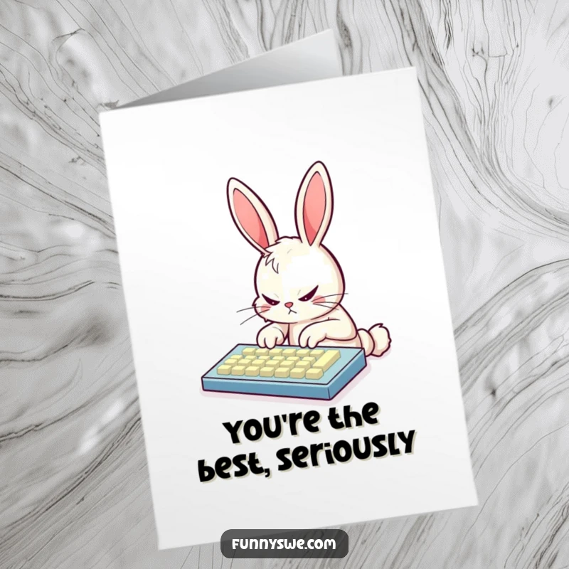 Funny Free Printable Thank You Card with a bunny furiously typing on a keyboard, expressing digital appreciation.