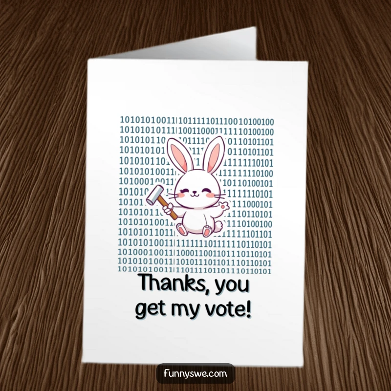 Funny Free Printable Thank You Card: A bunny tapping binary code with a hammer, sending a coded thank you.