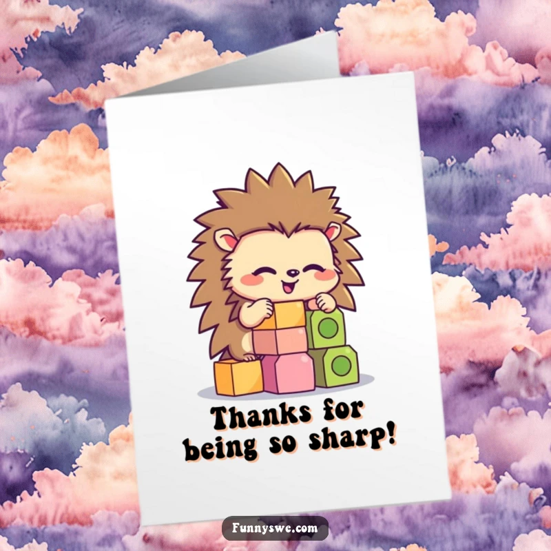 Funny Free Printable Thank You Card: Hedgehog concentrates deeply while stacking hexagonal code blocks, building something, downloadable appreciation.