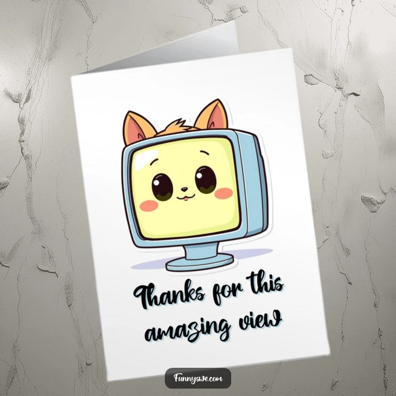 Funny free printable thank you card with a curious animal staring intently at a glowing monitor, a unique and thoughtful DIY.