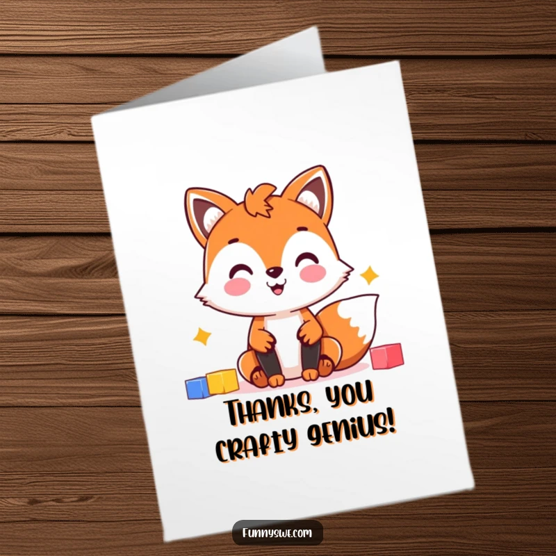 Funny Free Printable Thank You Card: Cheerful fox character building a website with colorful blocks, expressing thanks.