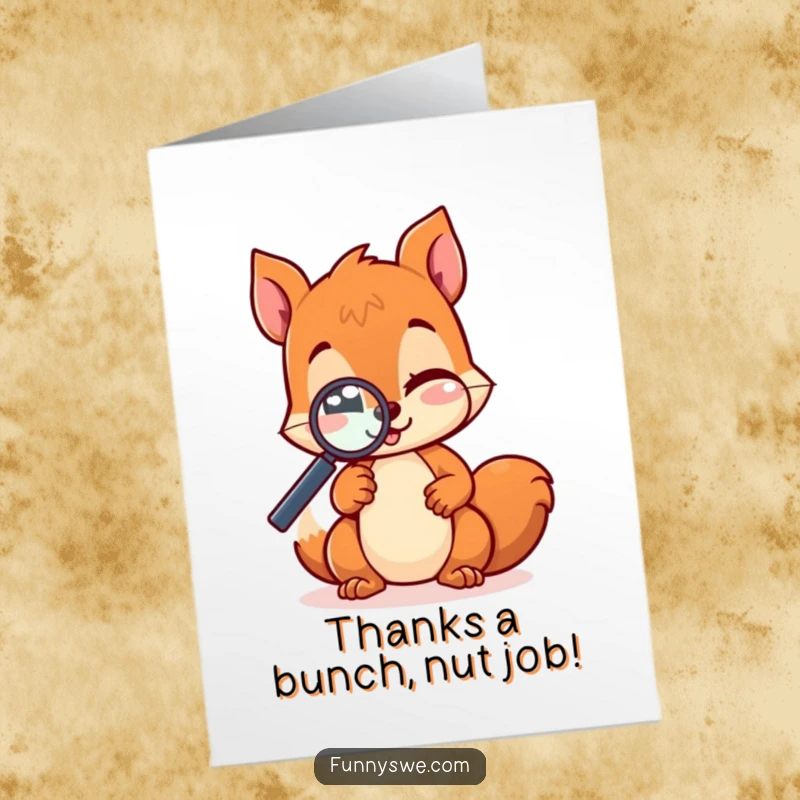 Funny Free Printable Thank You Card: A Kawaii squirrel with a magnifying glass winks, appreciating your kindness.