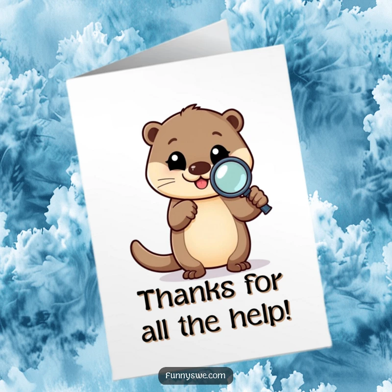 Funny Free Printable Thank You Card: Happy otter character carefully debugging code with a magnifying glass, saying thanks.