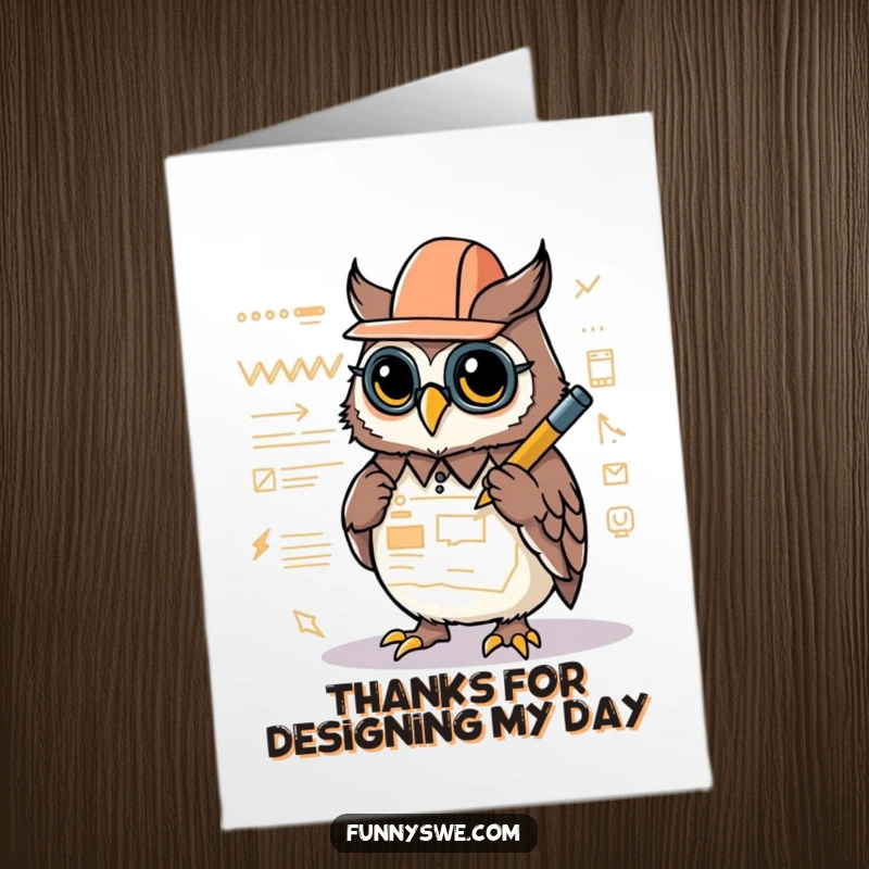 Funny Free Printable Thank You Card with a Kawaii owl architect drawing a website layout, offering thanks with creative precision.