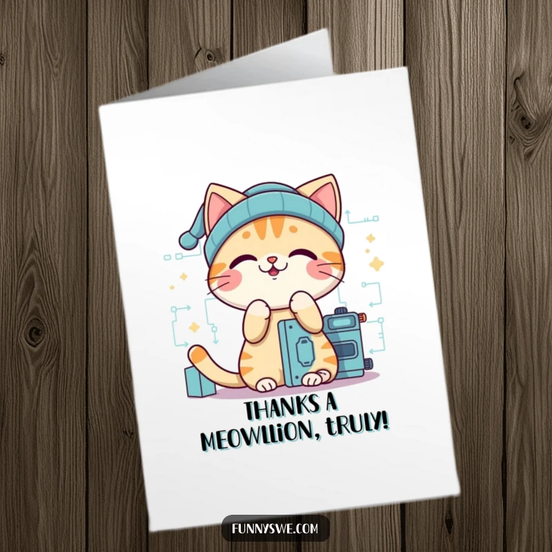 Funny free printable thank you card showing a giggling cat wearing a beanie, building digital success.