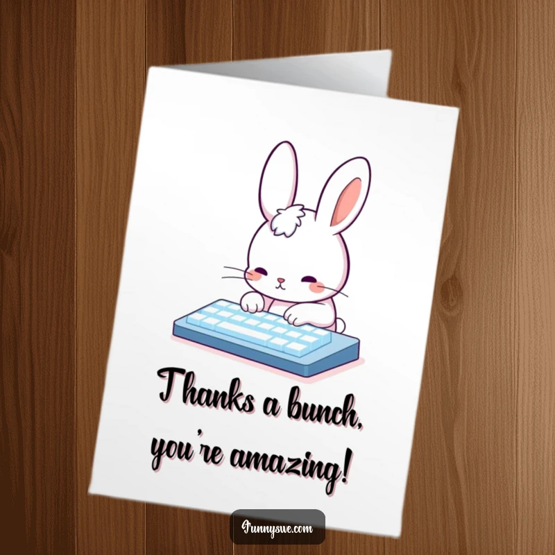 Funny Free Printable Thank You Card: Cute rabbit coder typing furiously, expressing thanks on a glowing keyboard.