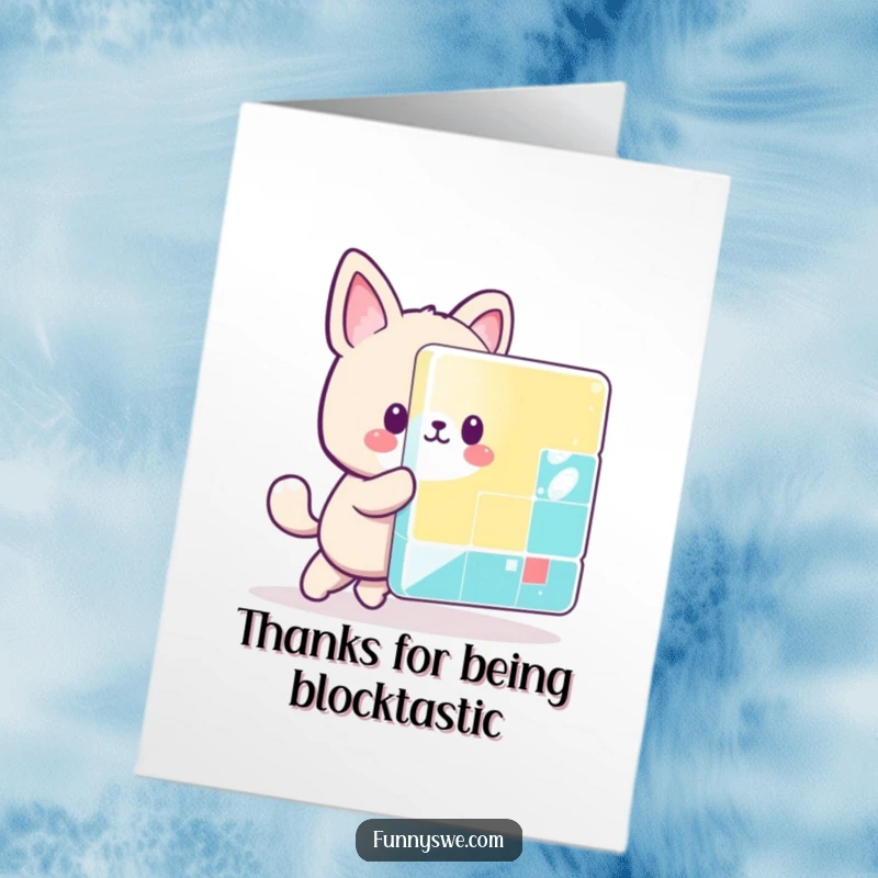 Funny Free Printable Thank You Card of a kawaii animal character playfully pushing a giant colorful pixel block, a charming way to say thanks.