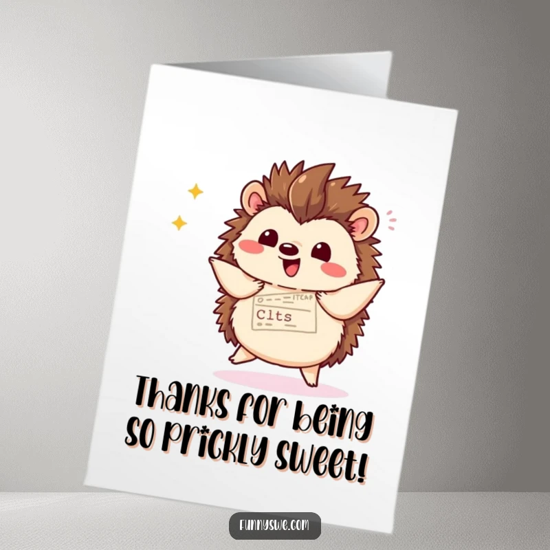 Funny Free Printable Thank You Card: A Kawaii hedgehog happily dances while showcasing website code, offering thanks.