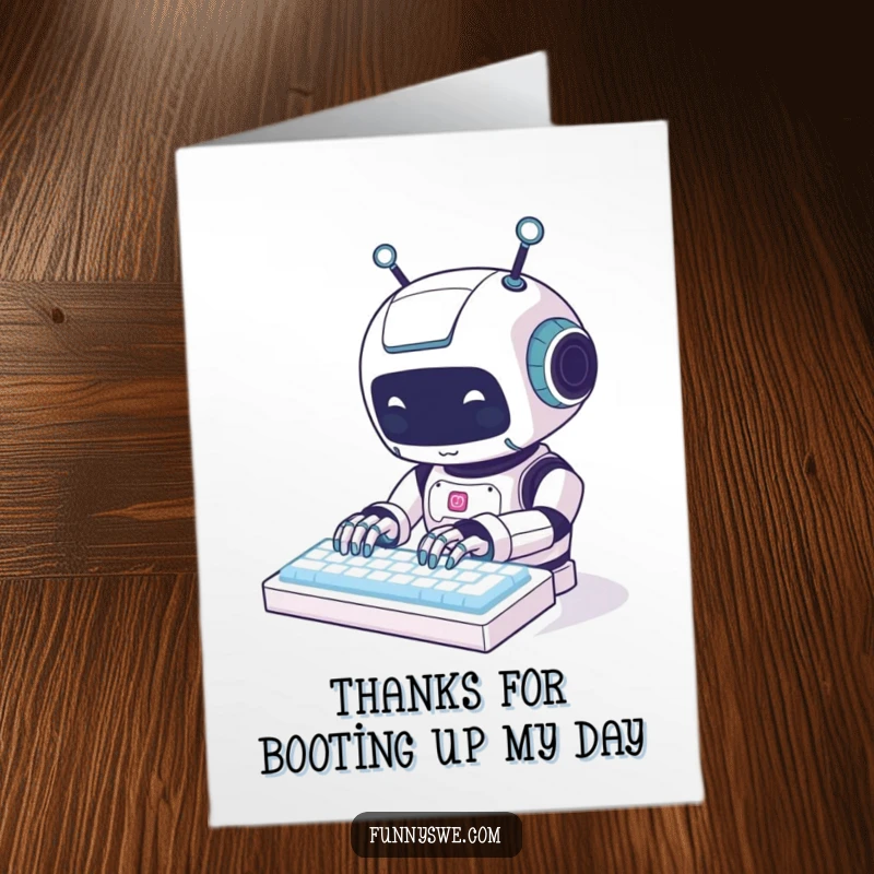 Funny Free Printable Thank You Card of a kawaii robot animal typing happily on a glowing keyboard, expressing digital gratitude.