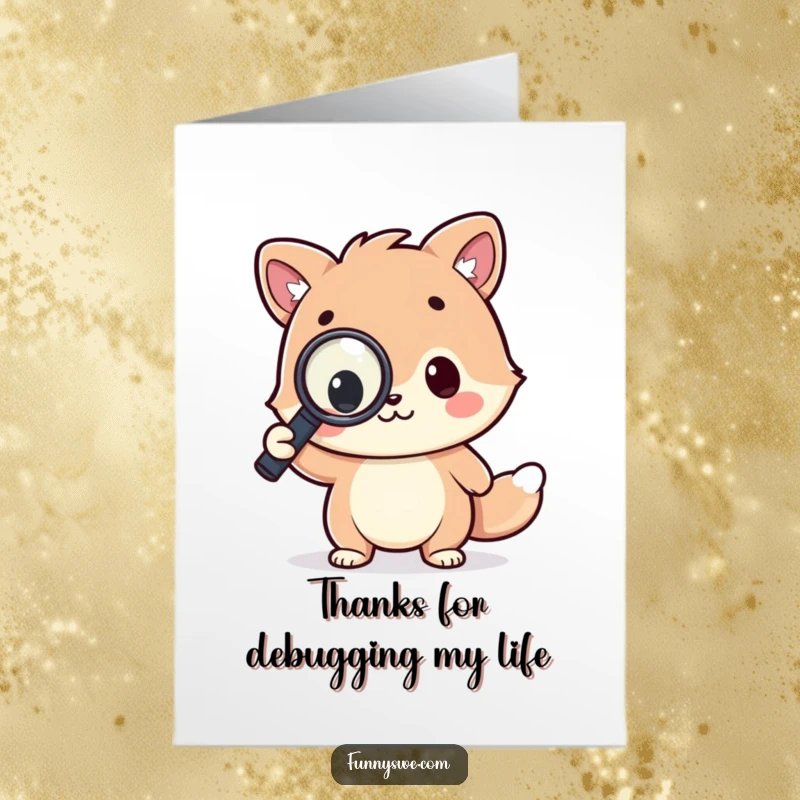 Funny Free Printable Kawaii Coder Thank You Card: A kawaii animal triumphantly holding a magnifying glass over a line of code.
