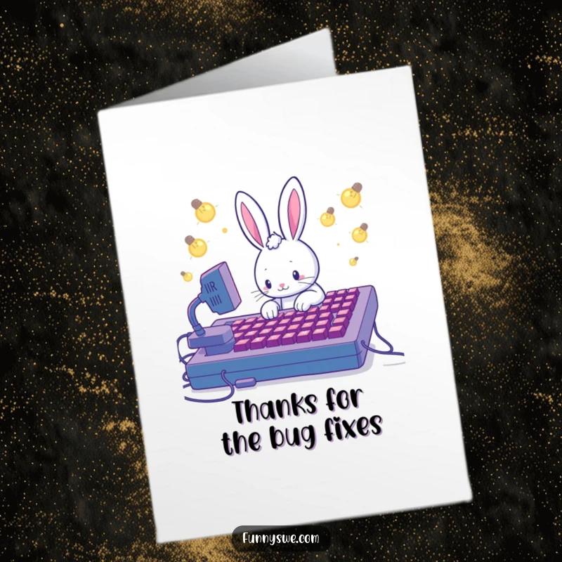 Funny Free Printable Thank You Card: A Kawaii rabbit coder types a thank you message, surrounded by coding inspiration.