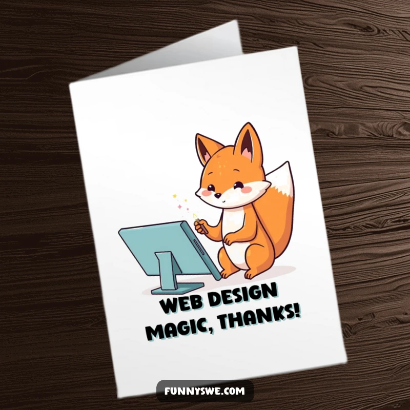 Funny Free Printable Thank You Card: A Kawaii fox web designer creates a website using a magic wand, offering thanks.